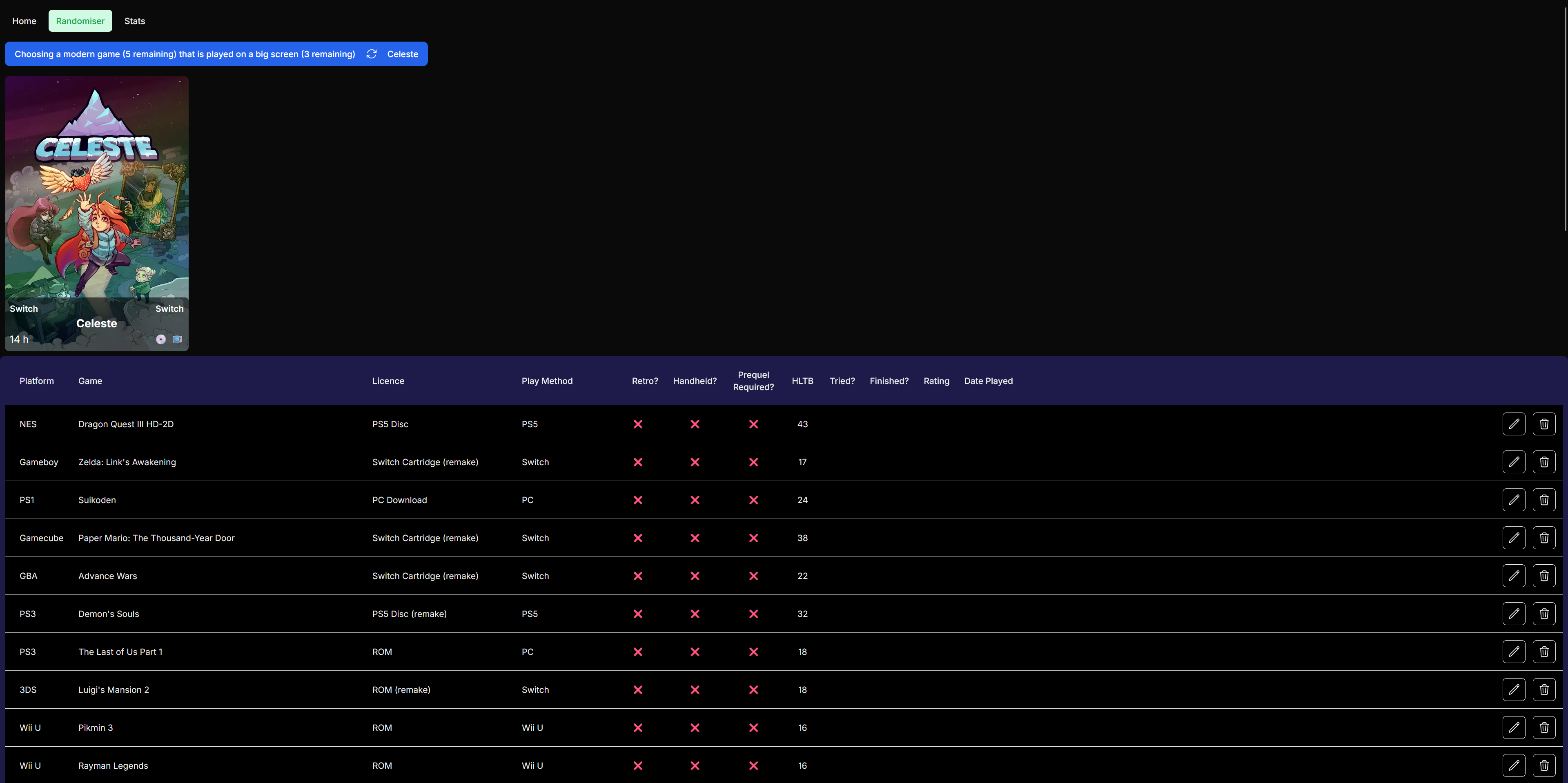 Randomiser page on desktop